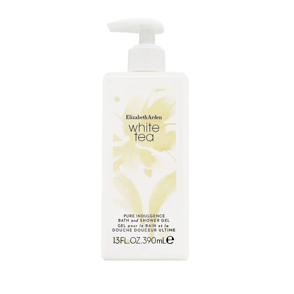 Weißes Duschgel mit Pumpverschluss. Aufschrift: Elizabeth Arden White Tea. 13 Fl.oz. 390ml.