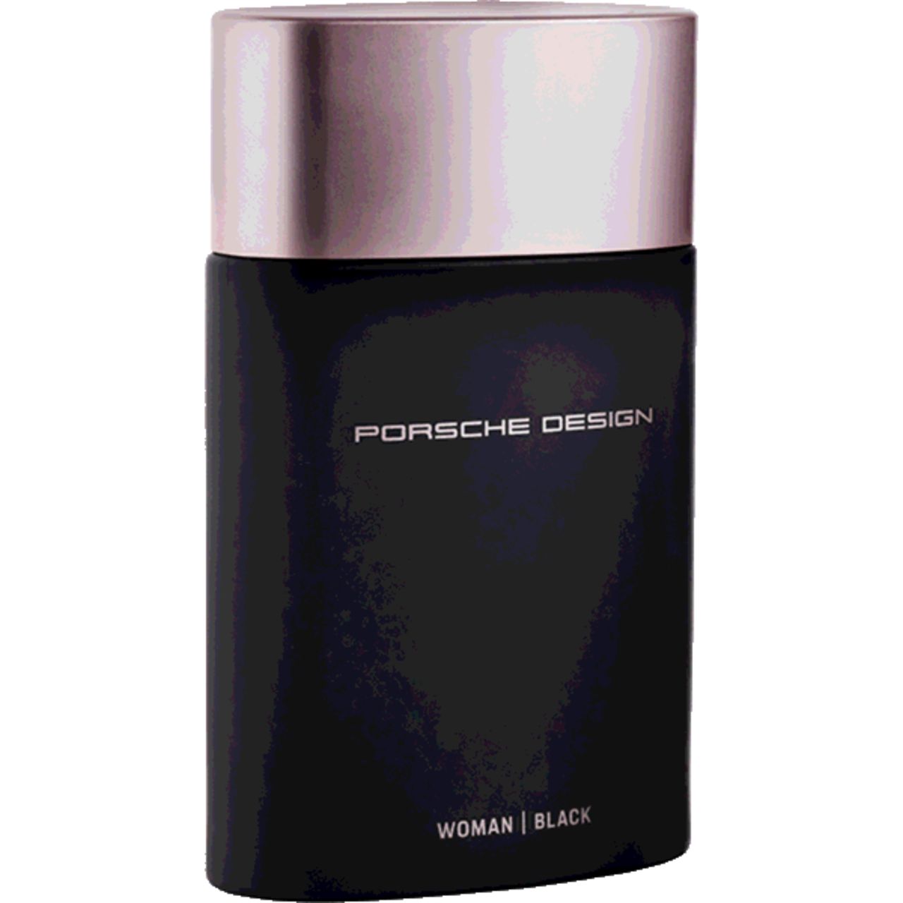 Schwarzer Flakon mit roségoldfarbenem Deckel. Aufschrift: PORSCHE DESIGN, WOMAN | BLACK.
