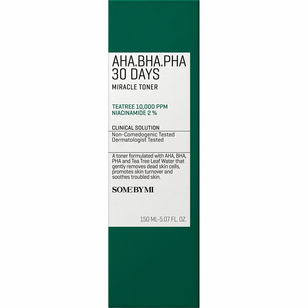 Grüne Verpackung mit Aufschrift: AHA.BHA.PHA 30 DAYS MIRACLE TONER. Enthält Teebaum und Niacinamid. SOME BY MI.