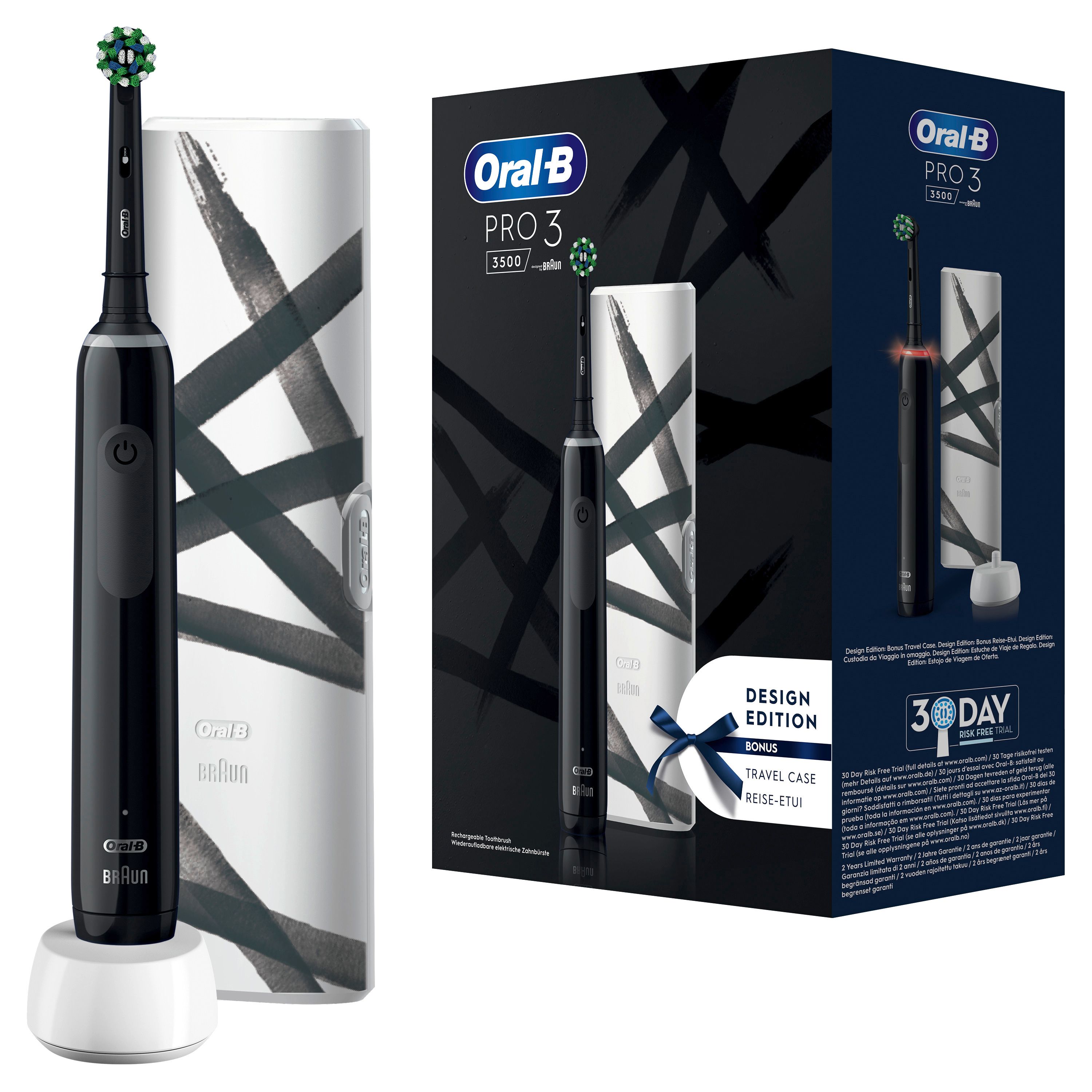 Oral-B - Elektrische Zahnbürste "Pro 3 + Reiseetui Streifen Design" in Schwarz