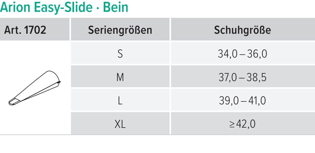 Tabelle mit Größenangaben für Arion Easy-Slide Anziehhilfe. Größen S bis XL.