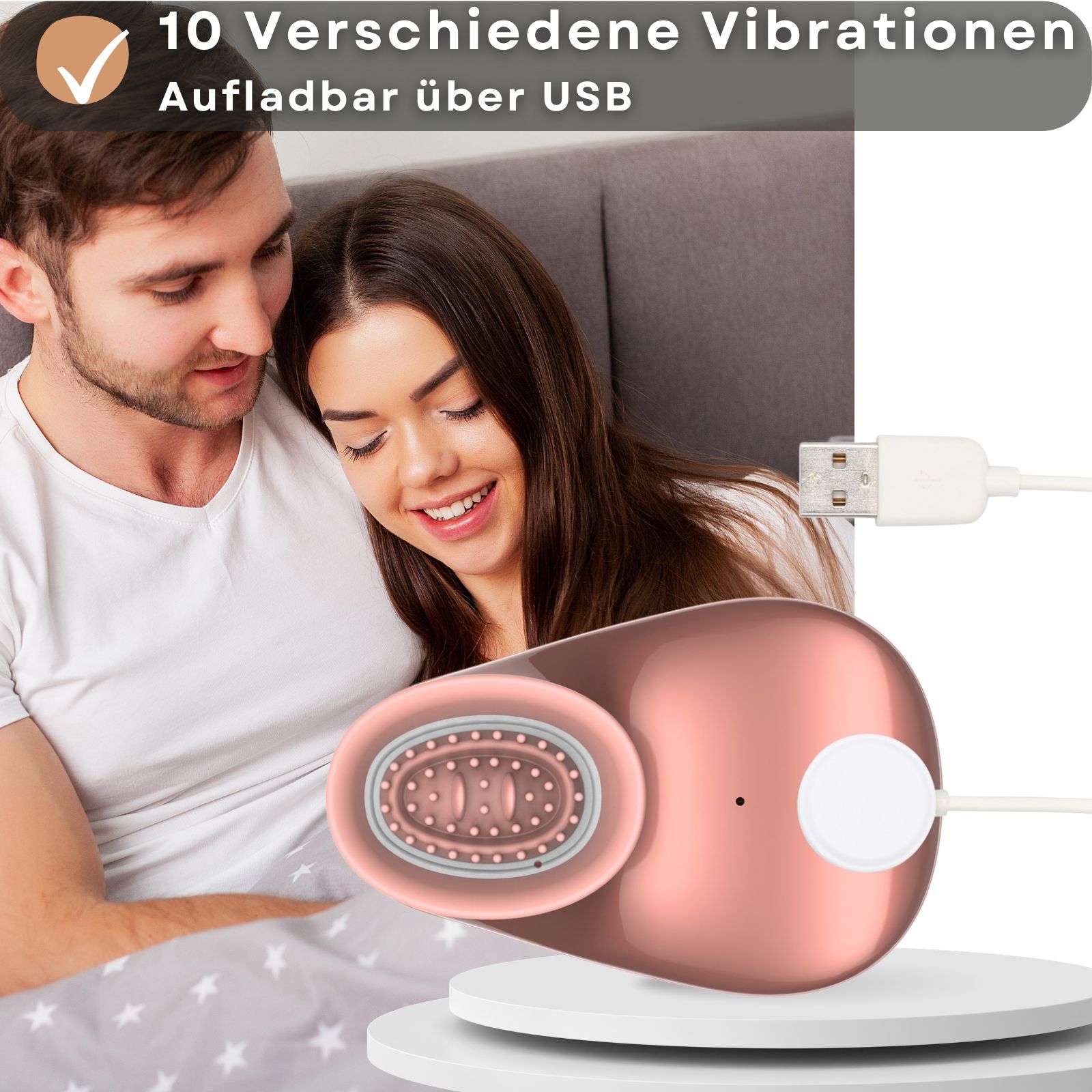 Rosa Sauger-Vibrator mit Ladekabel. Paar im Hintergrund. Text: 10 Verschiedene Vibrationen, Aufladbar über USB.