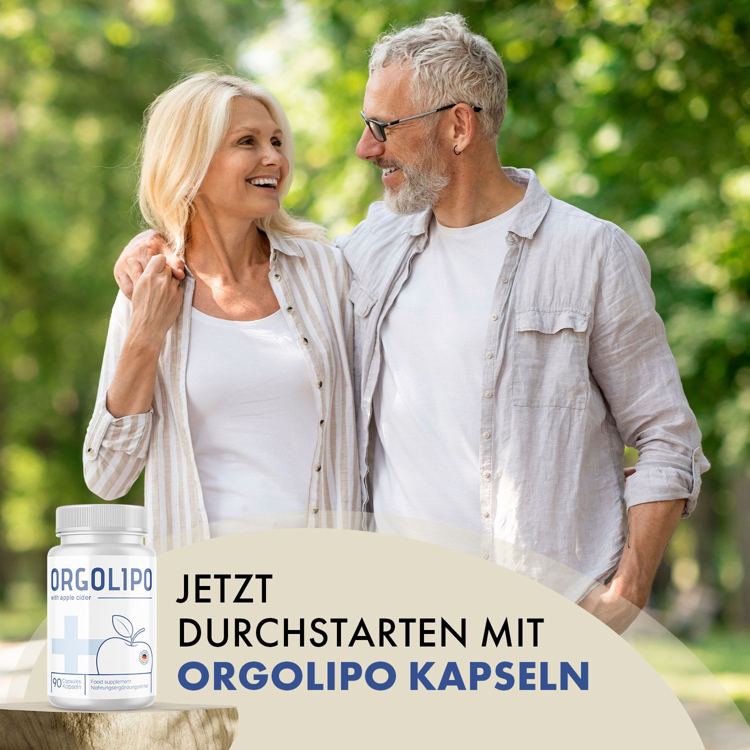 Älteres Paar lächelt, im Vordergrund Orgolipo-Dose. Text: Jetzt durchstarten mit Orgolipo Kapseln.