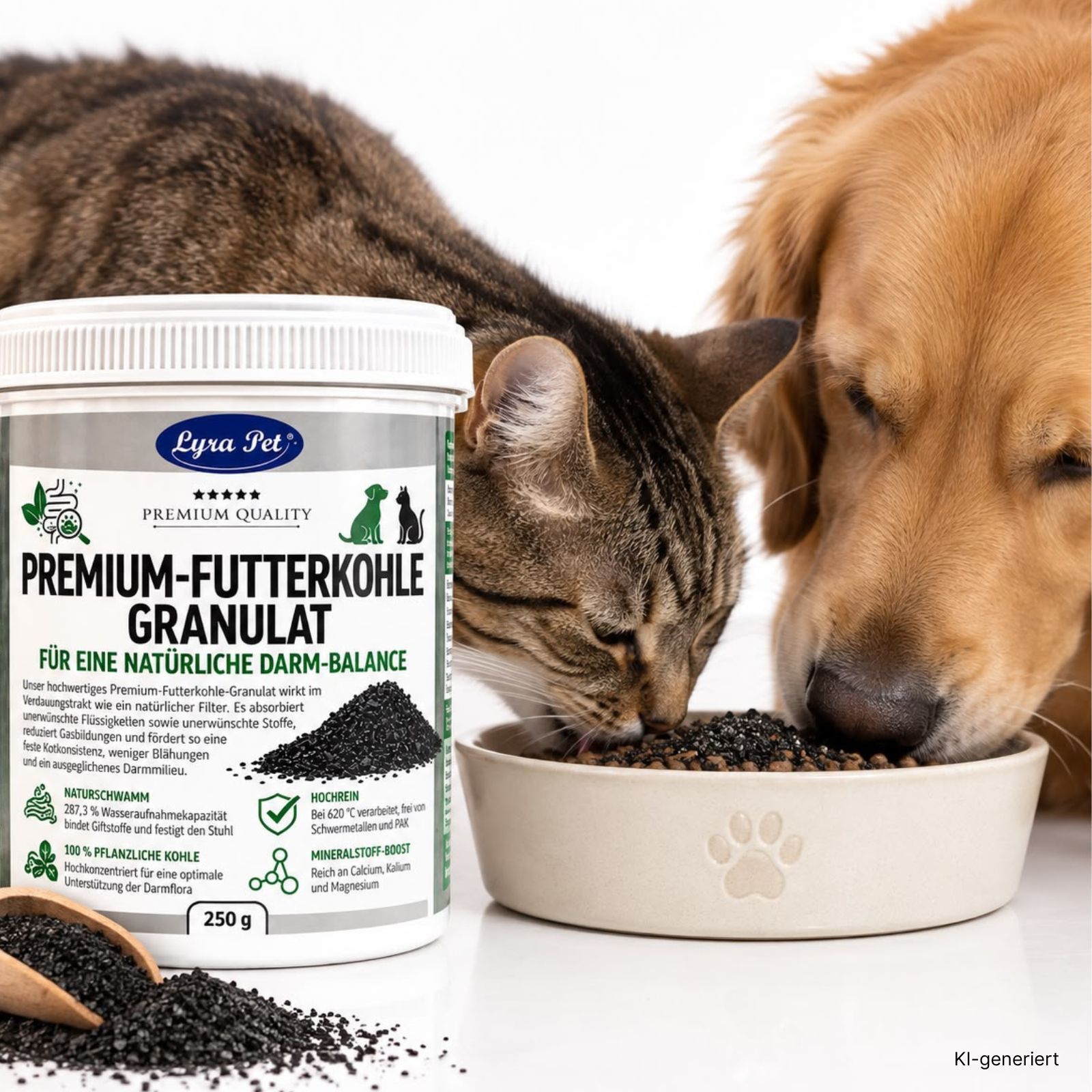 Ein Hund und eine Katze fressen aus einer Schale, daneben steht ein Behälter Lyra Pet Premium Futterkohle.