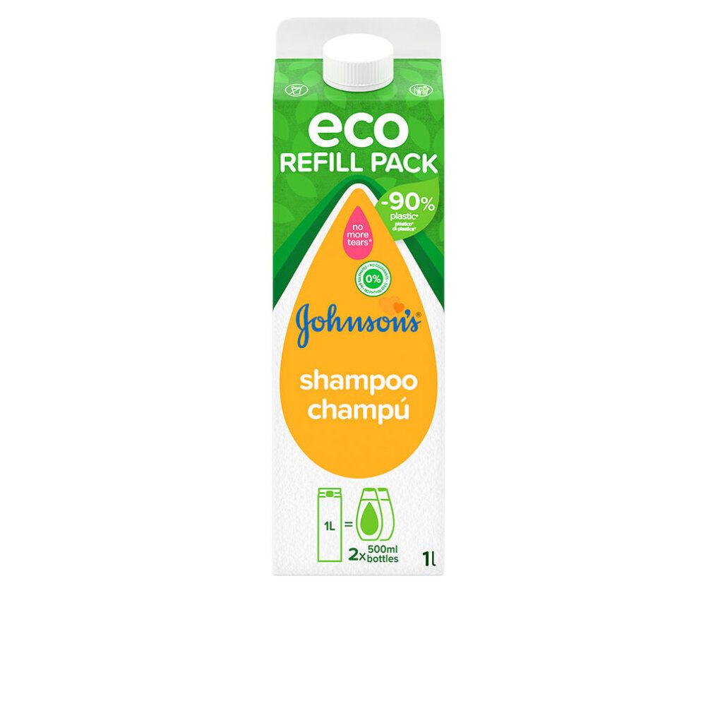 Nachfüllpackung mit grünem und weißem Design. Oben steht "eco REFILL PACK". Darunter "Johnson's shampoo champú".