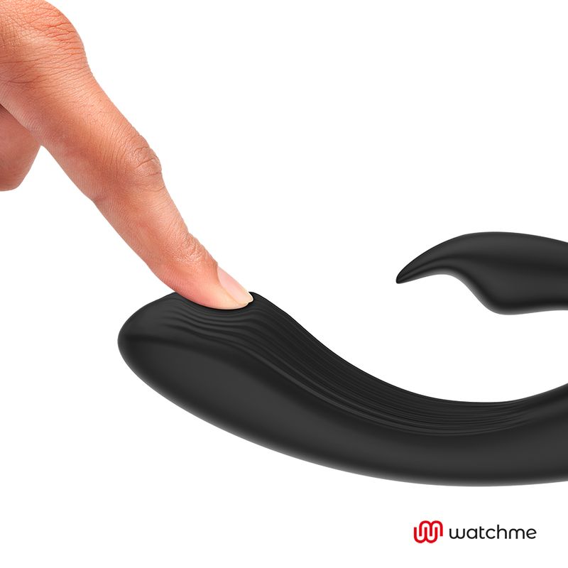 Nahaufnahme eines schwarzen Vibrators. Finger berührt die geriffelte Oberfläche. Logo: watchme.