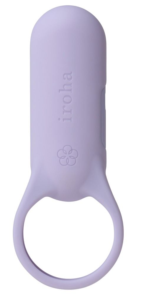 Lila Vibrator mit Ring. Marke iroha, Logo mit Blume. Vertikale Ansicht.