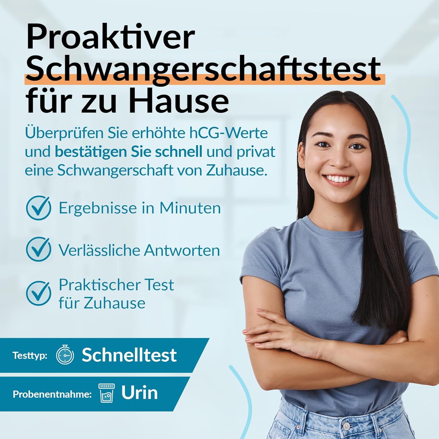 Frau lächelt. Text: Proaktiver Schwangerschaftstest für zu Hause. Ergebnisse in Minuten, zuverlässige Antworten.