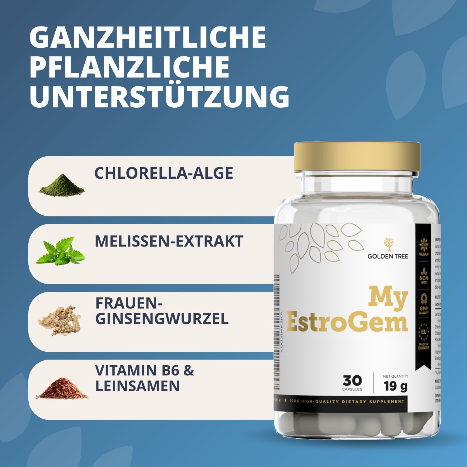 Flasche mit Golden Tree My EstroGem Kapseln, 30 Stück, 19g. Enthält Chlorella, Melisse, Frauen-Ginsengwurzel, Vitamin B6 & Leinsamen.