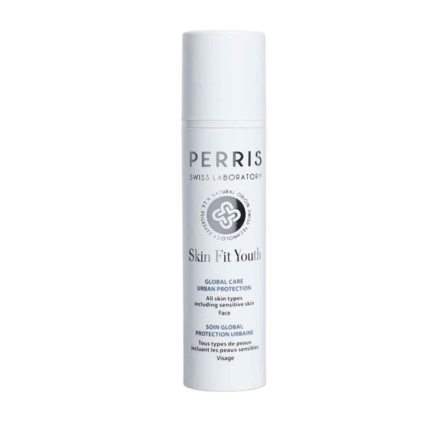 Zylindrische, weiße Flasche mit Sprühkopf. Aufschrift: PERRIS SWISS LABORATORY, Skin Fit Youth, Global Care Urban Protection. Für alle Hauttypen.