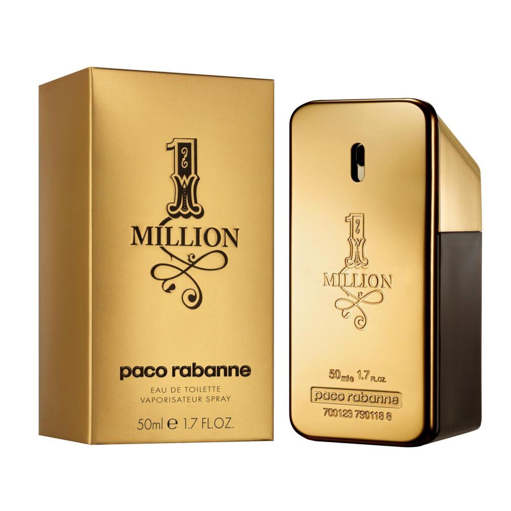 Goldfarbener Flakon und Verpackung "1 Million" von Paco Rabanne. Rechteckige Form mit abgerundeten Kanten.