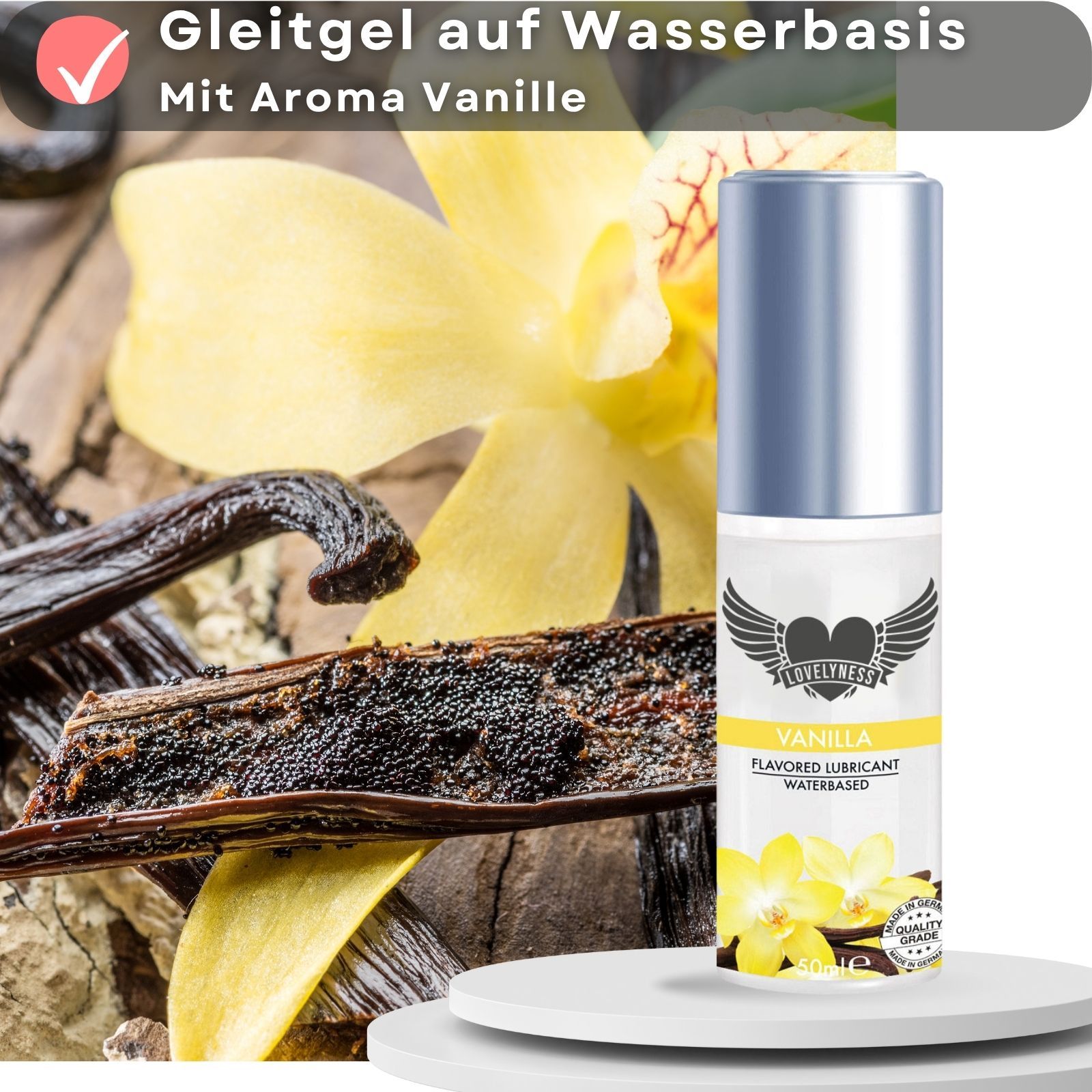 Gleitgel auf Wasserbasis mit Aroma Vanille. Flasche mit silbernem Deckel. Vanilleblüten und Schoten.