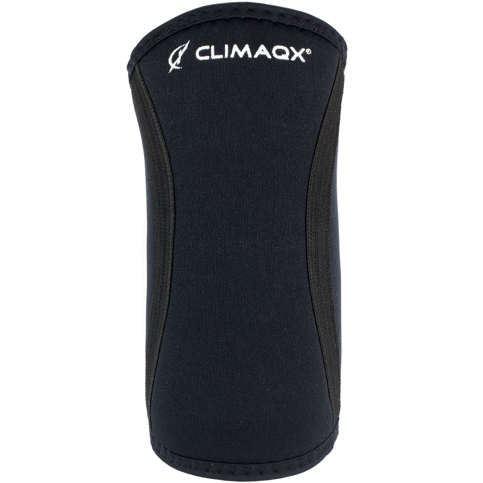 Schwarze CLIMAQX Armbandage. Neopren. Weißes Logo. Vertikale Ansicht.