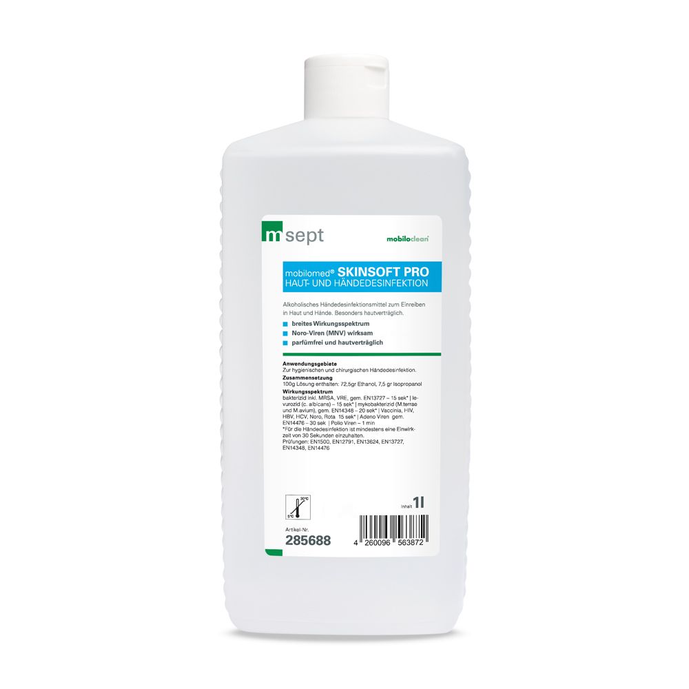 Flasche Mobiloclean msept Skinsoft Pro. Haut- und Händedesinfektion. Weißes Plastik, blauer Aufdruck. 1 Liter.