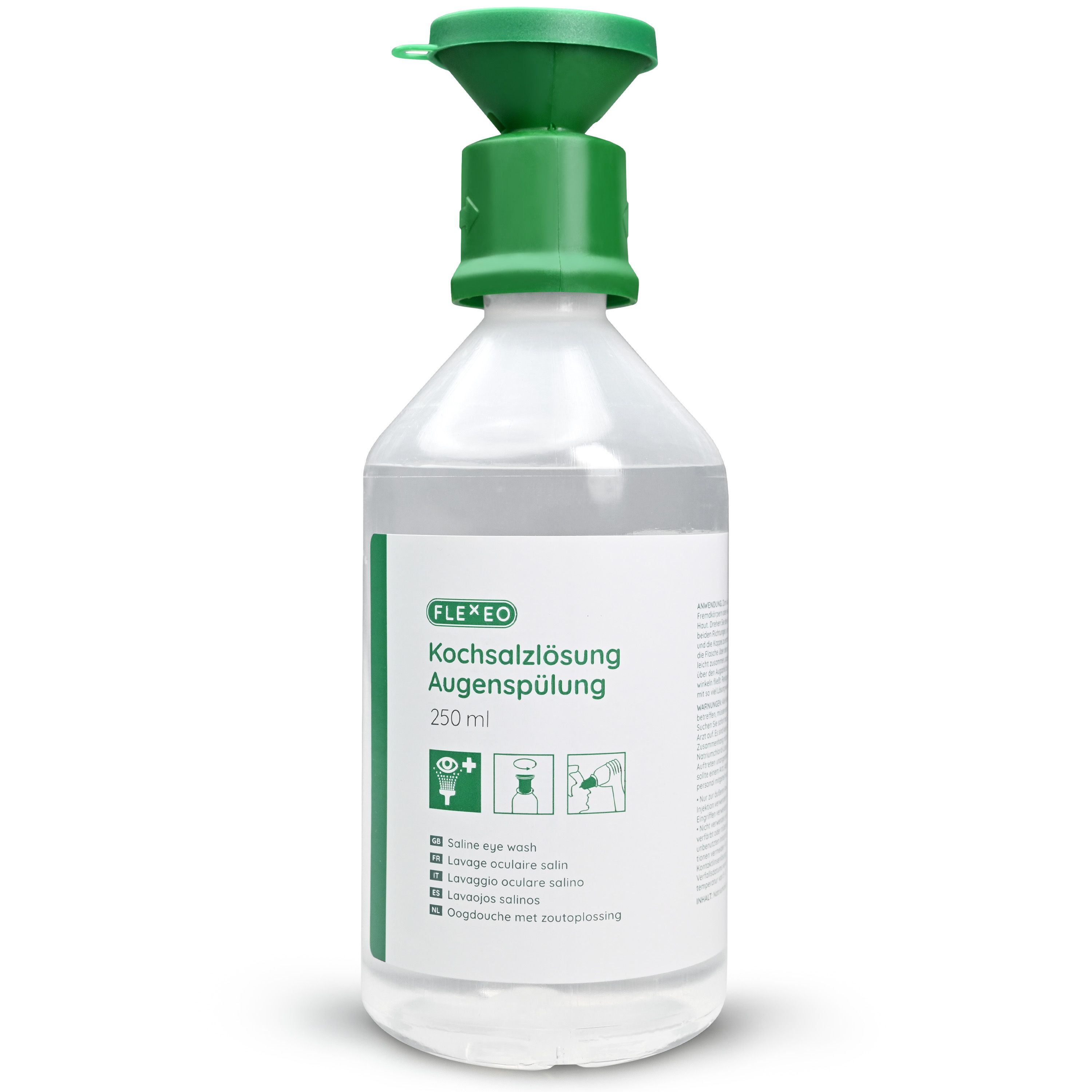 FLEXEO Augenspülflasche, 250 ml. Grüne Kappe. Aufschrift: Kochsalzlösung. Piktogramme zur Anwendung.