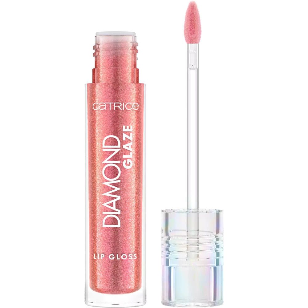 Lippen-Gloss-Tube mit Applikator. Aufschrift: Catrice Diamond Glaze Lip Gloss. Rosa schimmernd.