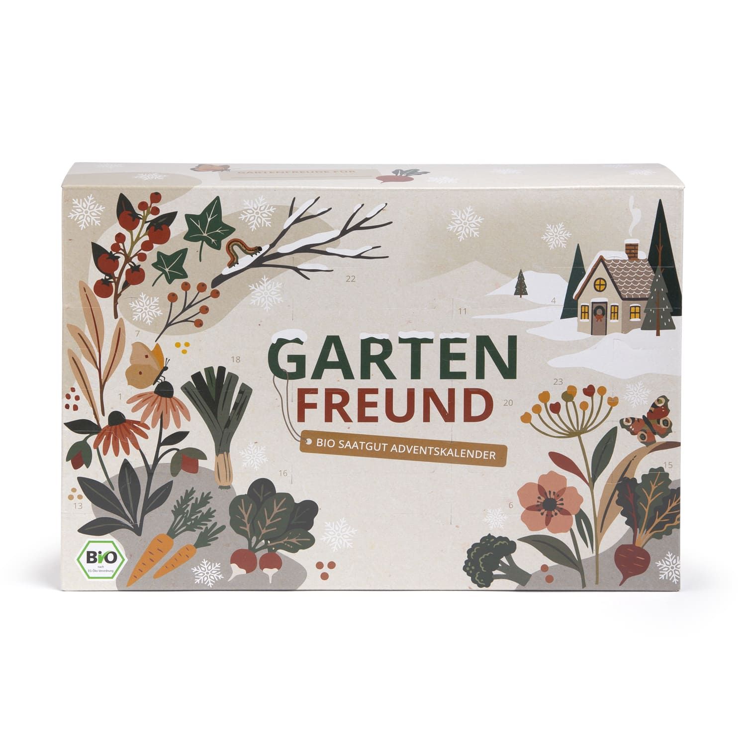 BIO Saatgut Adventskalender "Garten Freund" mit winterlicher Gartendekoration und Hausmotiv.