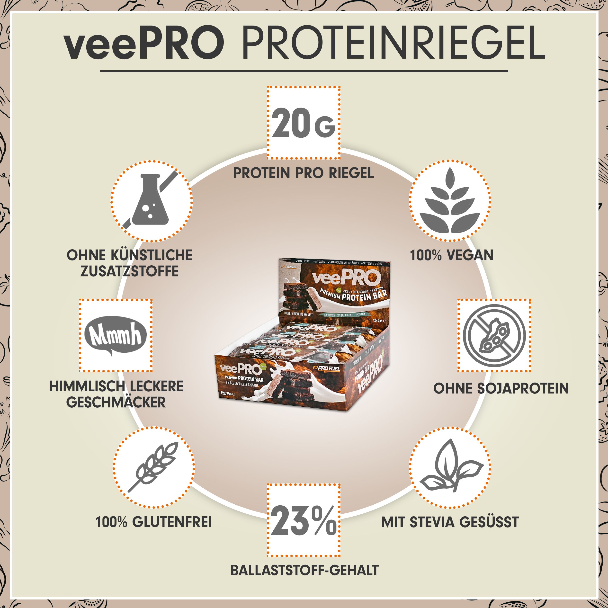 ProFuel - veePRO Proteinriegel Double Chocolate Brownie 27% Protein, ballaststoffreich & vegan 12x74 g Riegel