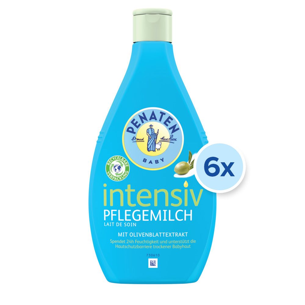 Blaue Flasche Penaten Pflegemilch Intensiv. Mit Olivenblattextrakt. 6x-Symbol.