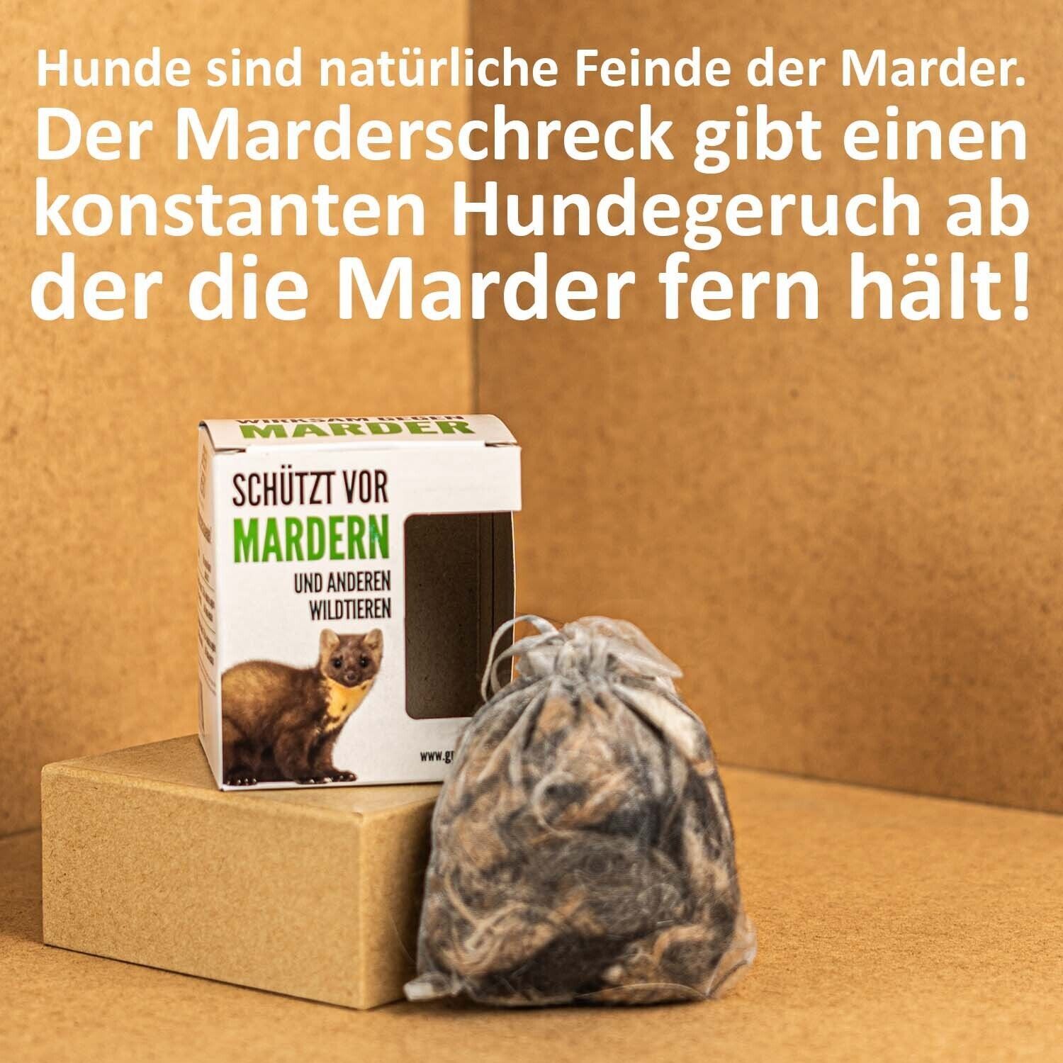 Produktverpackung auf einem Karton. Daneben ein Beutel mit Inhalt. Text: Hunde sind natürliche Feinde der Marder. Hintergrund: braun.