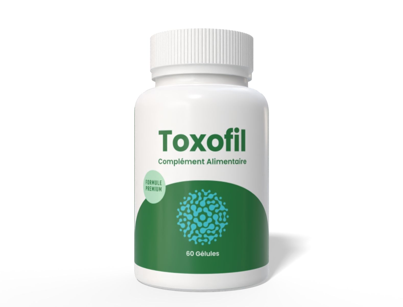 Weiße Flasche mit grünem Etikett. Aufschrift "Toxofil", "Nahrungsergänzungsmittel", "60 Kapseln". Grünes Logo.