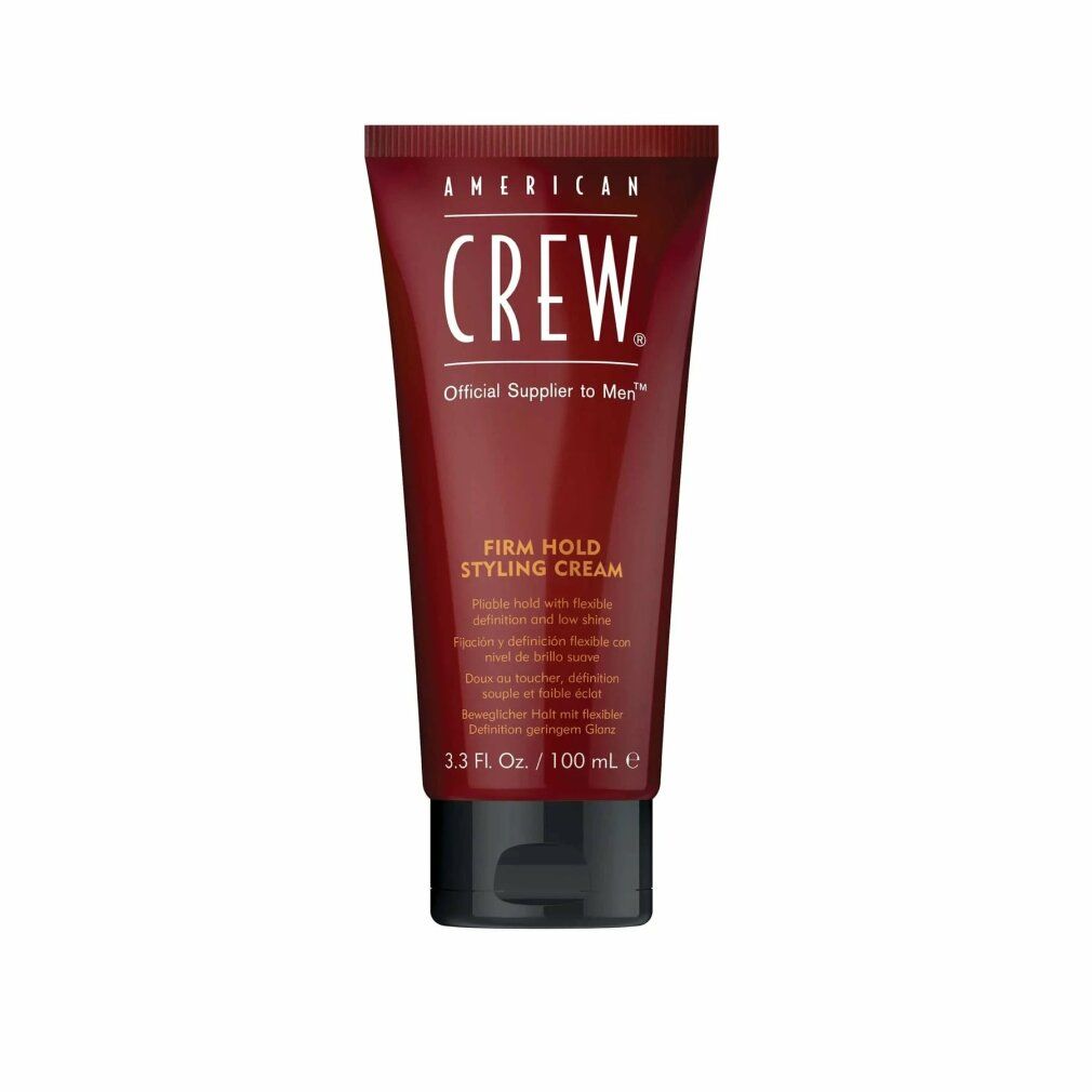 Rote Tube mit schwarzem Deckel. Aufschrift: American Crew, Firm Hold Styling Cream. 3.3 Fl. Oz. / 100 ml.