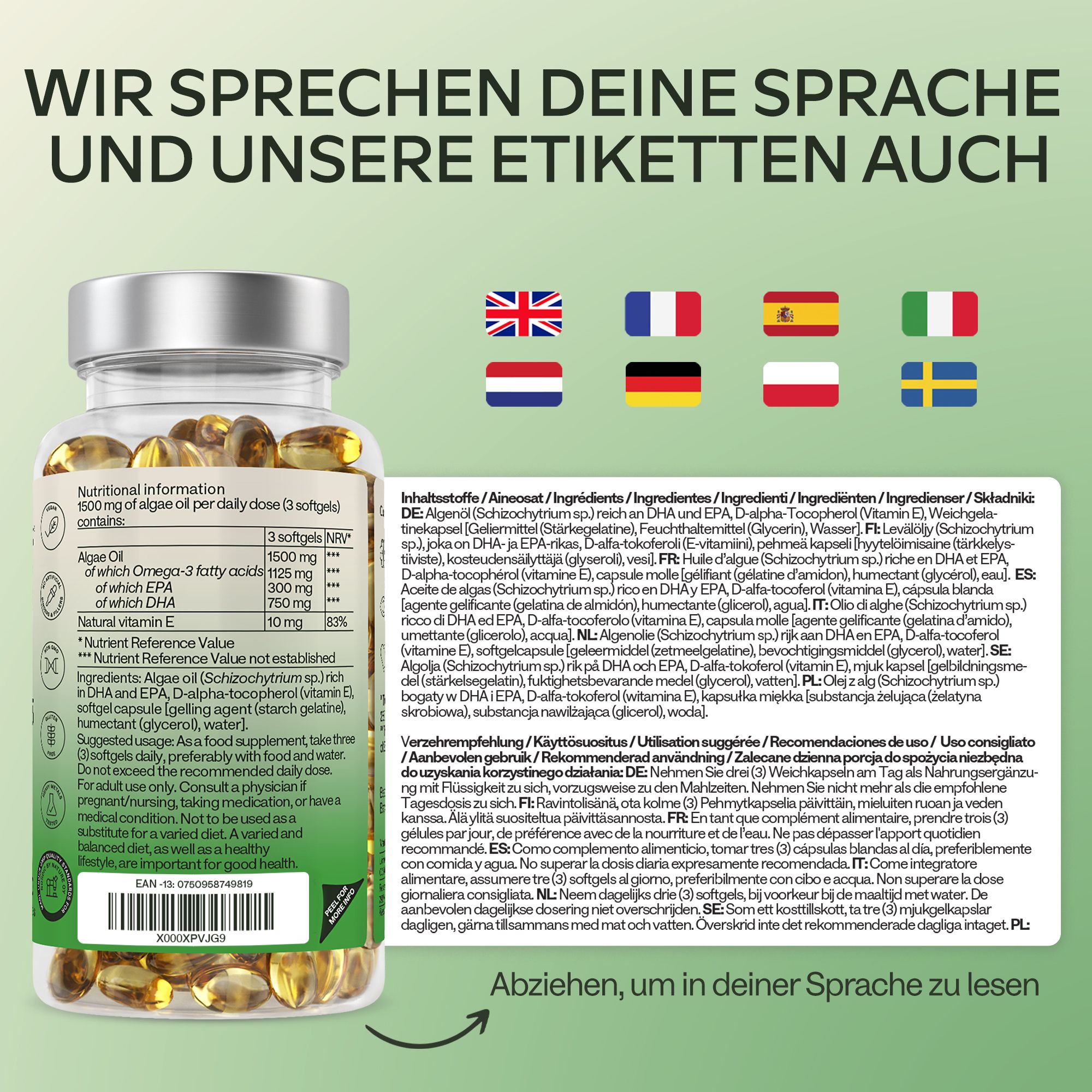 Flasche mit Kapseln, Text: Wir sprechen Ihre Sprache. Etiketten in verschiedenen Sprachen: Englisch, Französisch, etc.
