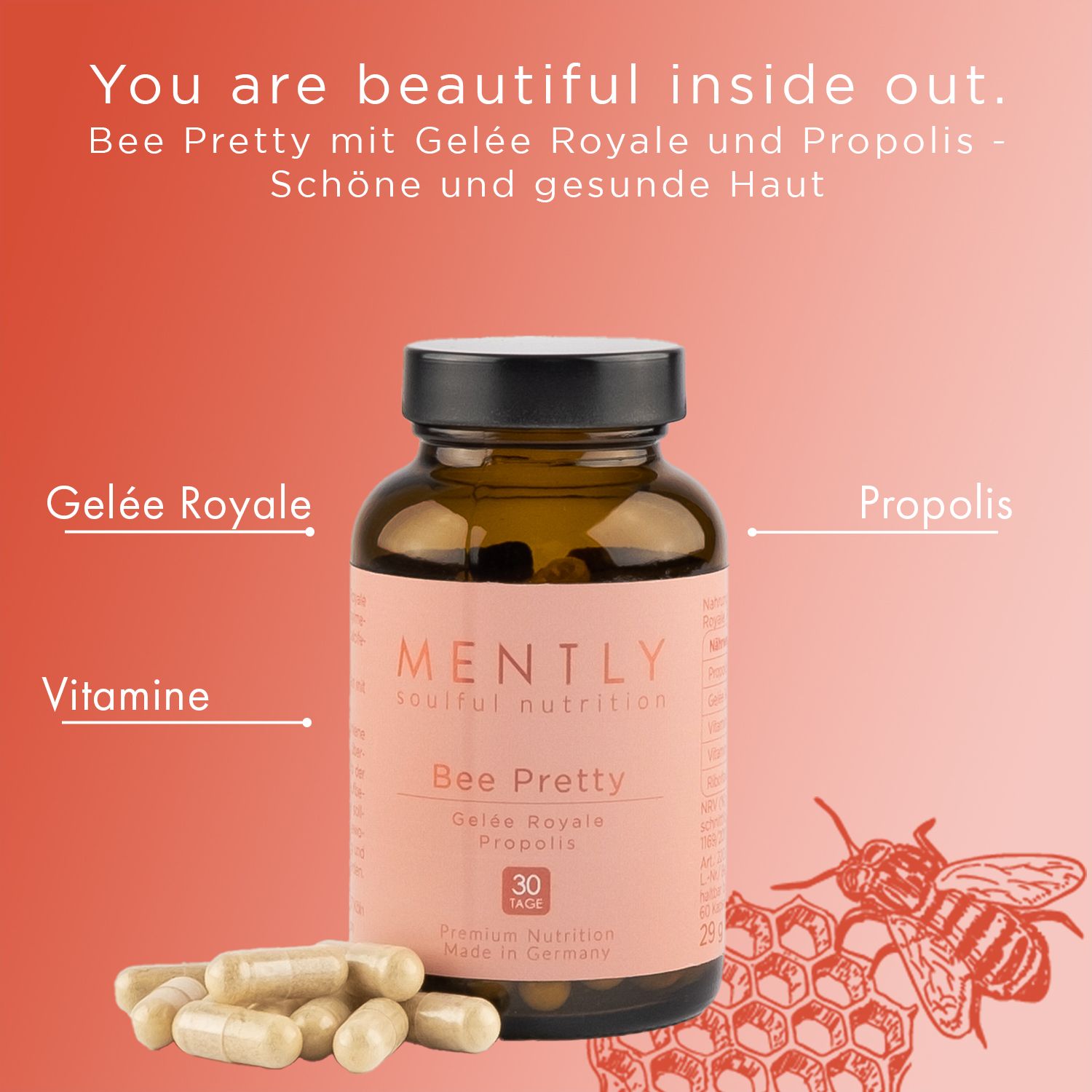 Braune Glasflasche mit schwarzem Deckel und rosa Etikett. Daneben Kapseln. Aufschrift: Bee Pretty, Gelee Royale, Propolis, 30 Kapseln.