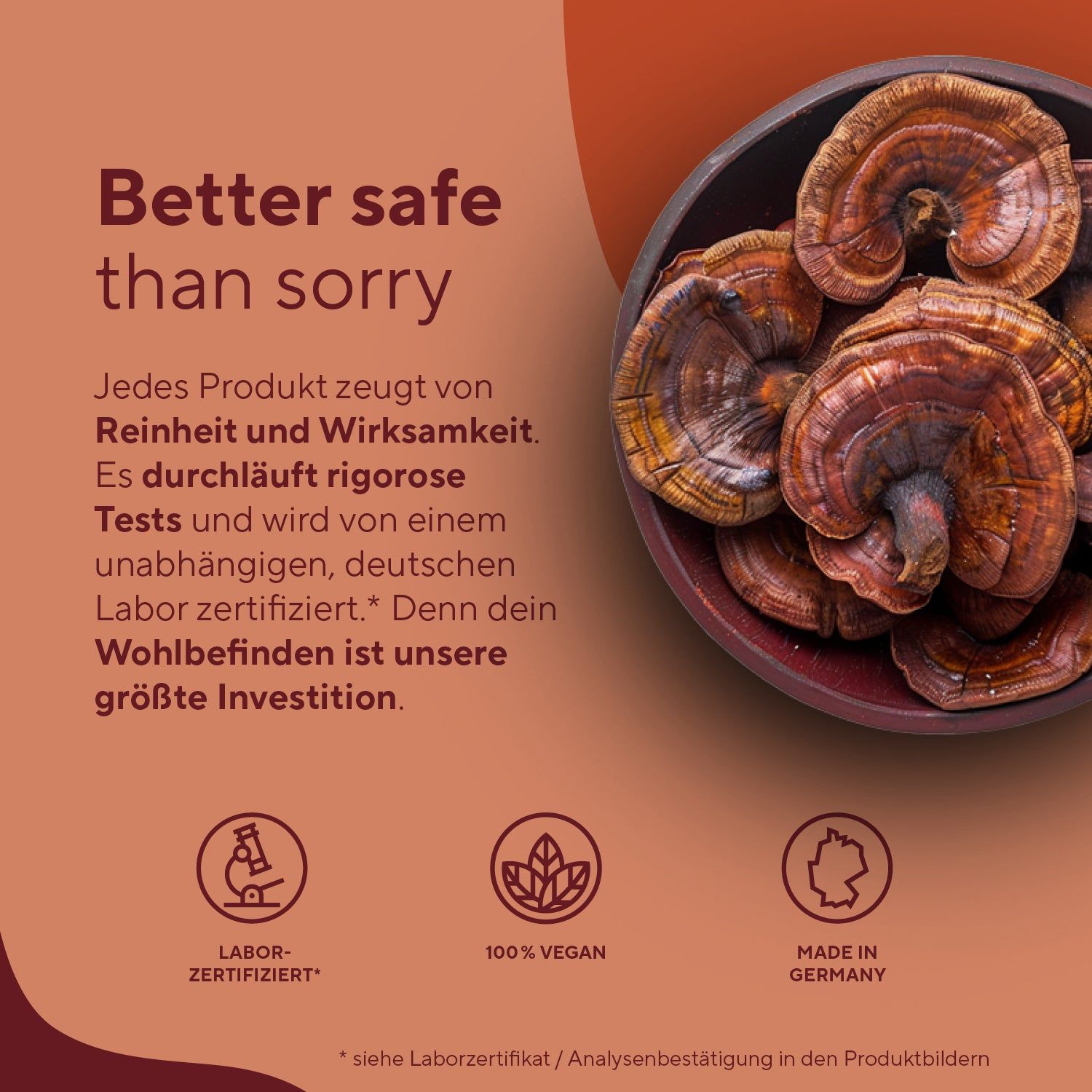 Text: Laborzertifiziert, 100% vegan, Made in Germany. Reishi-Pilze in einer Schale.