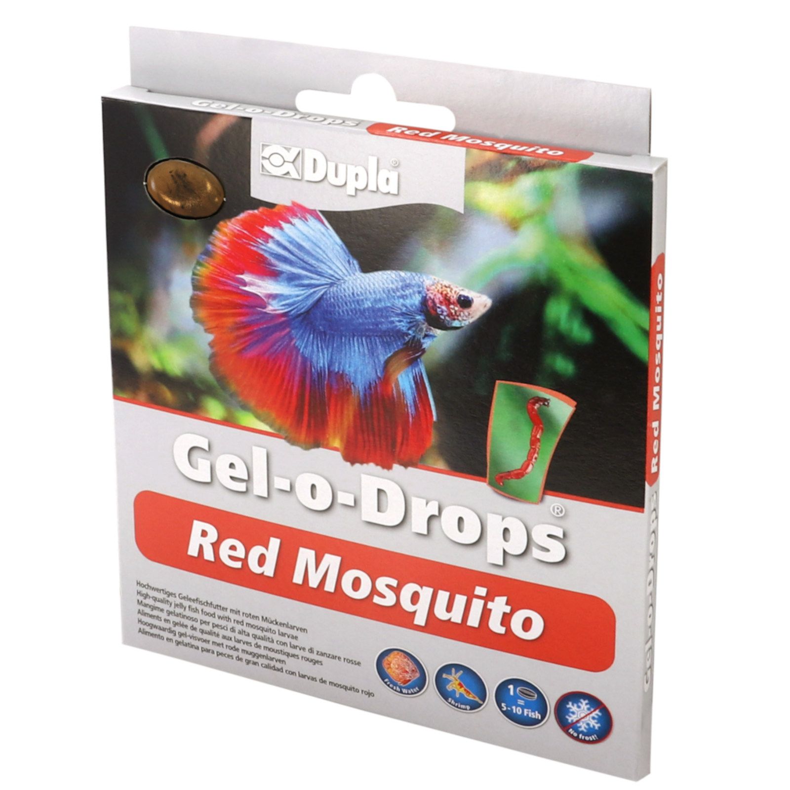 Verpackung von Dupla Gel-o-Drops Red Mosquito. Fischabbildung, Produktname und Logo sind sichtbar.
