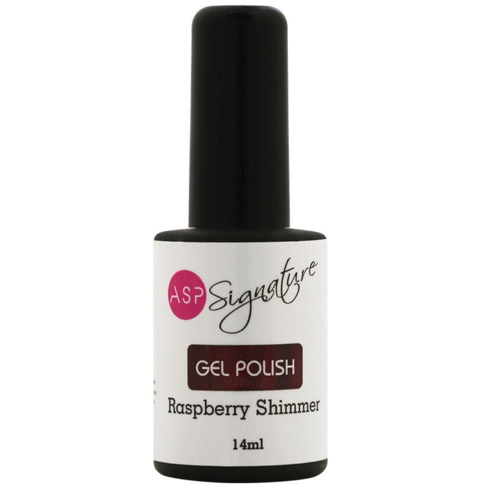 Nagellackflasche mit schwarzem Deckel. Etikett mit ASP-Logo, Produktname und Farbton: Raspberry Shimmer.