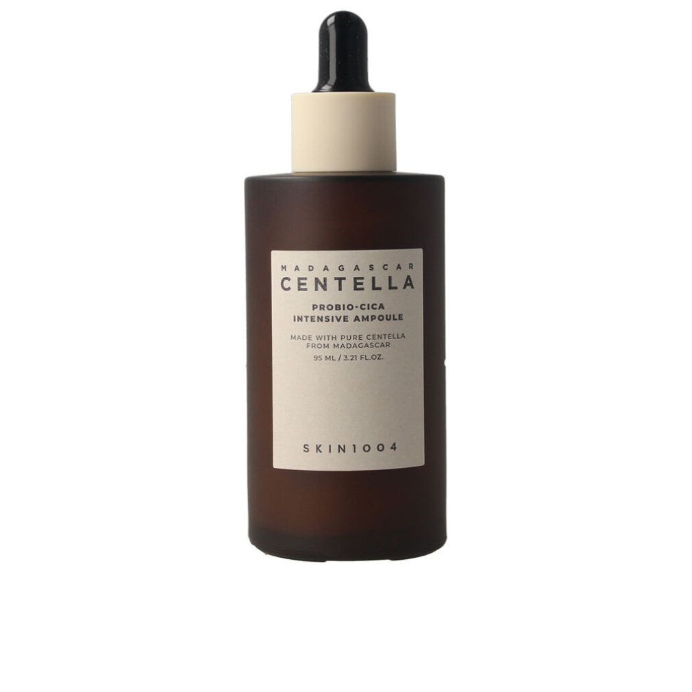 Braune Glasflasche mit Pipettenverschluss und Etikett: Madagascar Centella Probio-Cica Intensive Ampoule.