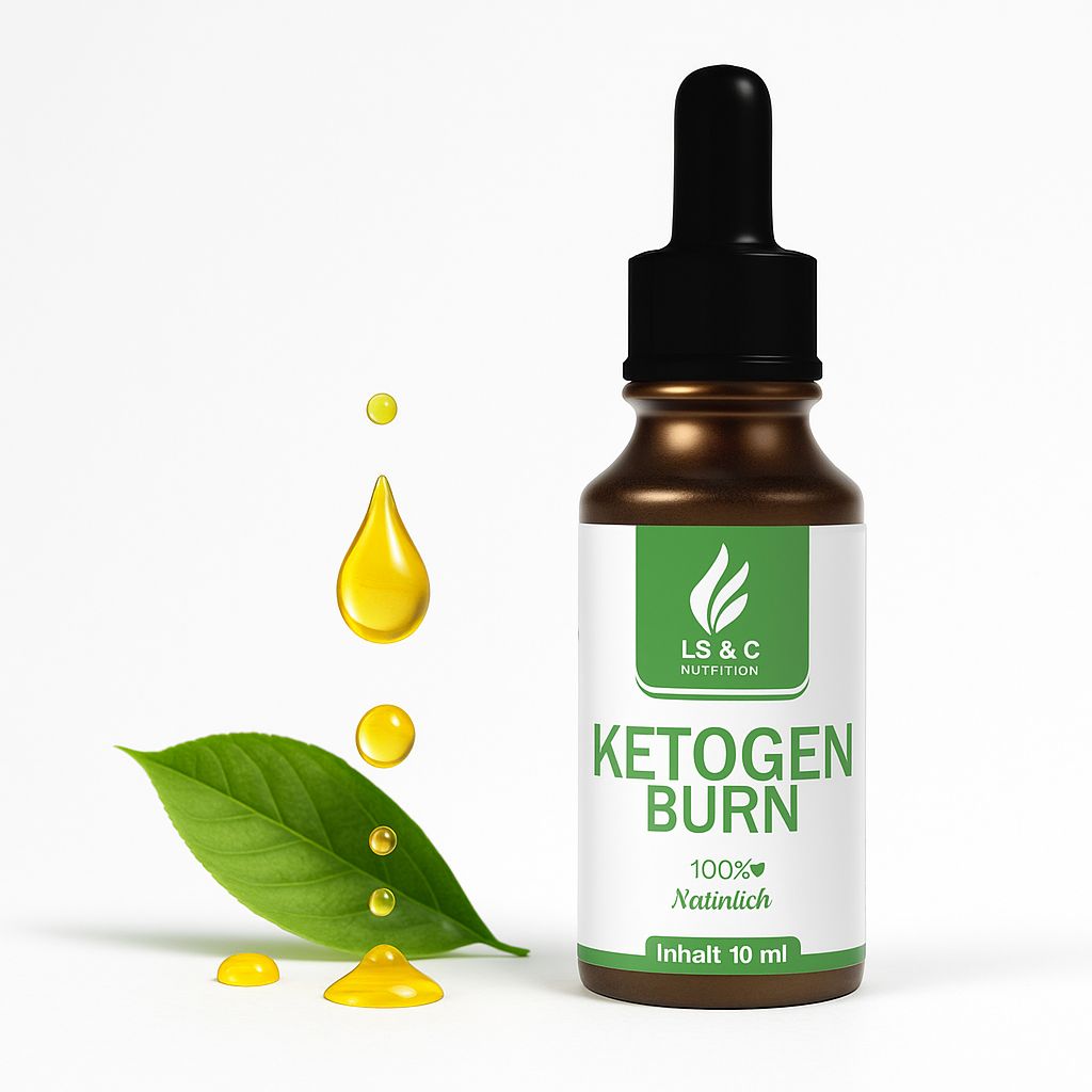 Braune Glasflasche mit schwarzem Tropfer. Etikett mit grünem Streifen, weißer Schrift: Ketogen Burn, LS & C Nutrition, 100% Natürlich, Inhalt 10 ml. Gelbe Tropfen und Blatt.