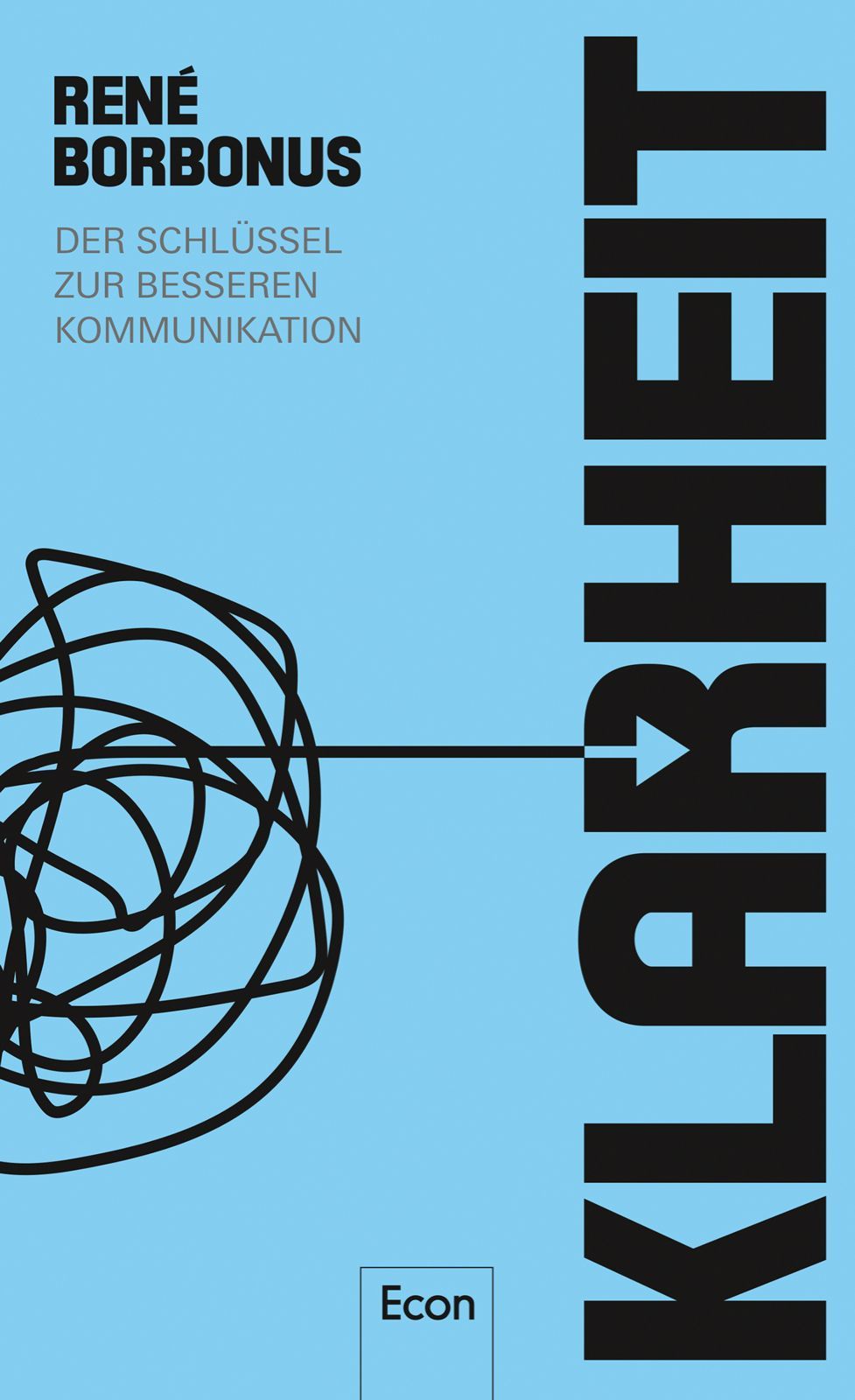 Buchcover mit Titel "Klarheit". Autor: René Borbonus. Schwarze Schrift auf hellblauem Hintergrund. Illustration: schwarze Linien.