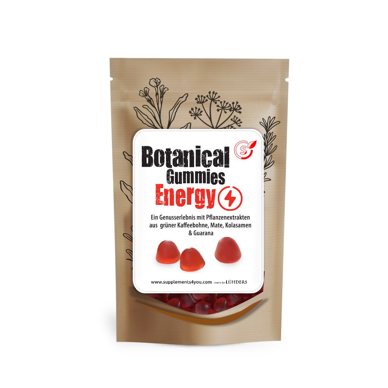 Beutel mit Lühders Botanical Gummies Energy. Rote Gummibärchen auf weißem Etikett. Text: Botanical Gummies Energy.