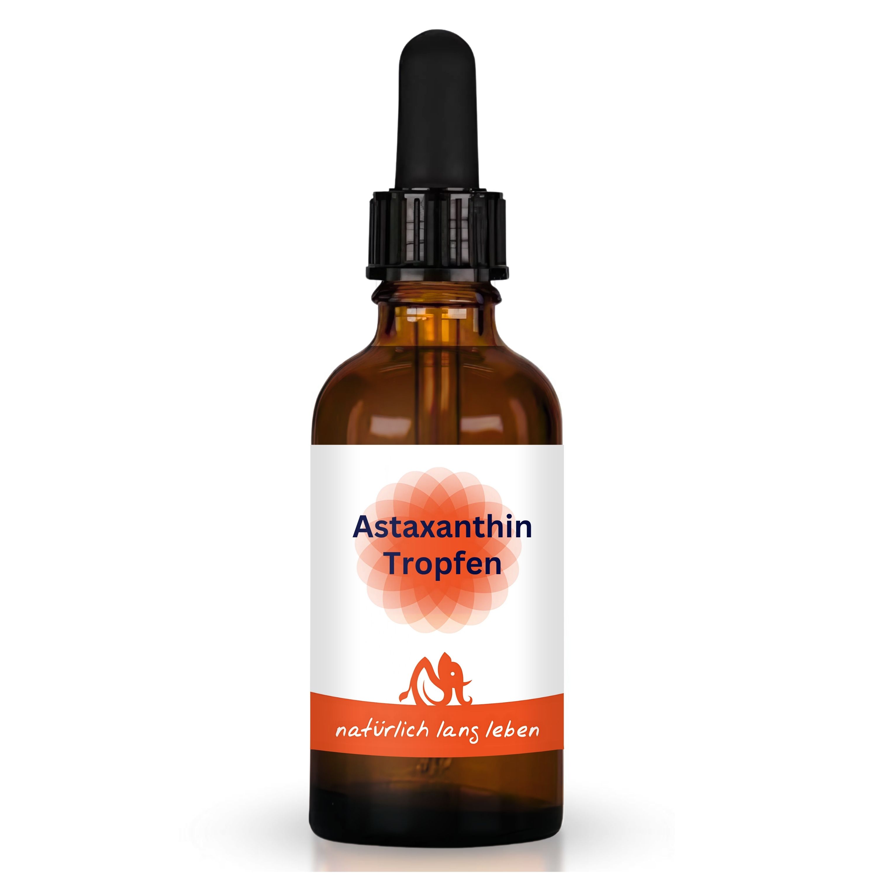 Braune Glasflasche mit Astaxanthin Tropfen Etikett und Pipette. Orangefarbenes Logo und Schriftzug 'natürlich lang leben'.