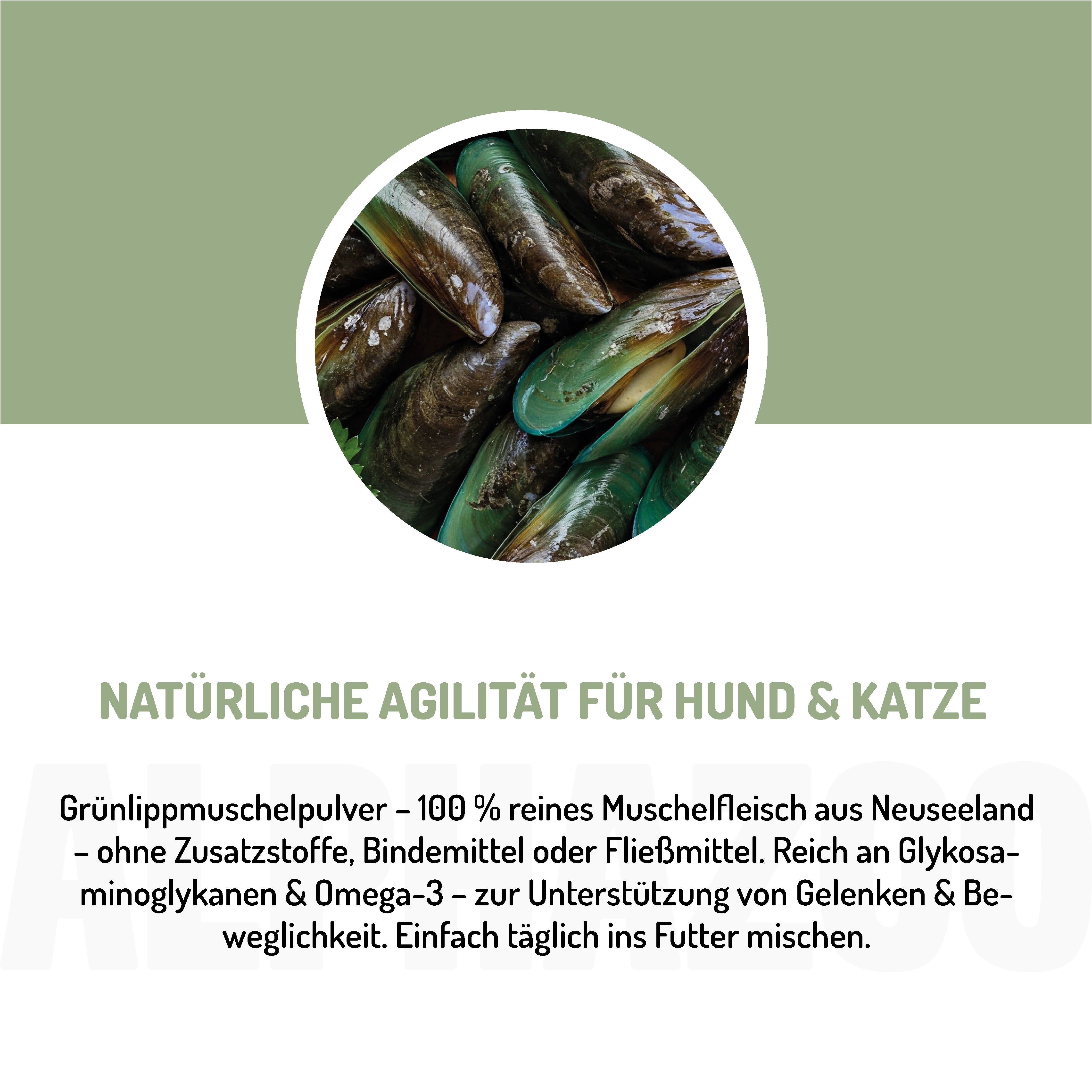 Grünlippmuscheln. Text: Natürliche Agilität für Hund & Katze. 100% reines Muschelfleisch aus Neuseeland.