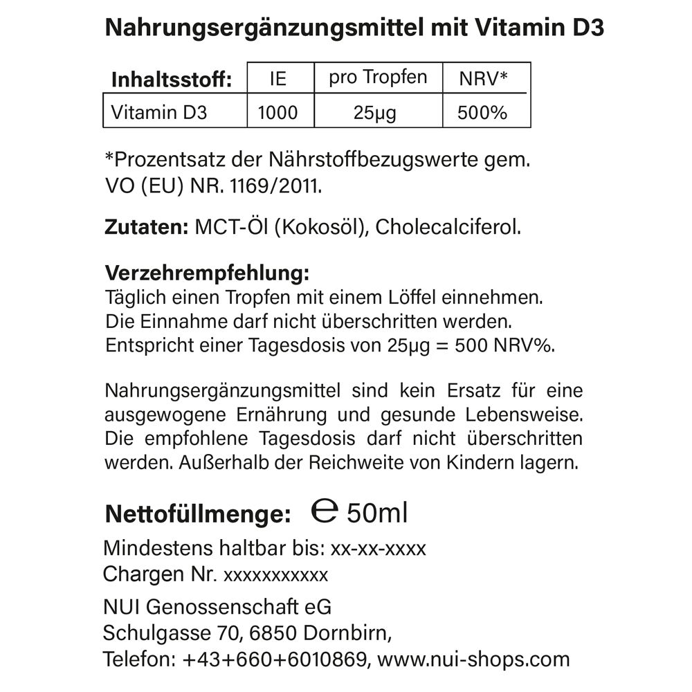 Nahrungsergänzungsmittel-Etikett mit Nährwertangaben für Vitamin D3. Enthält MCT-Öl und Cholecalciferol. 50ml.