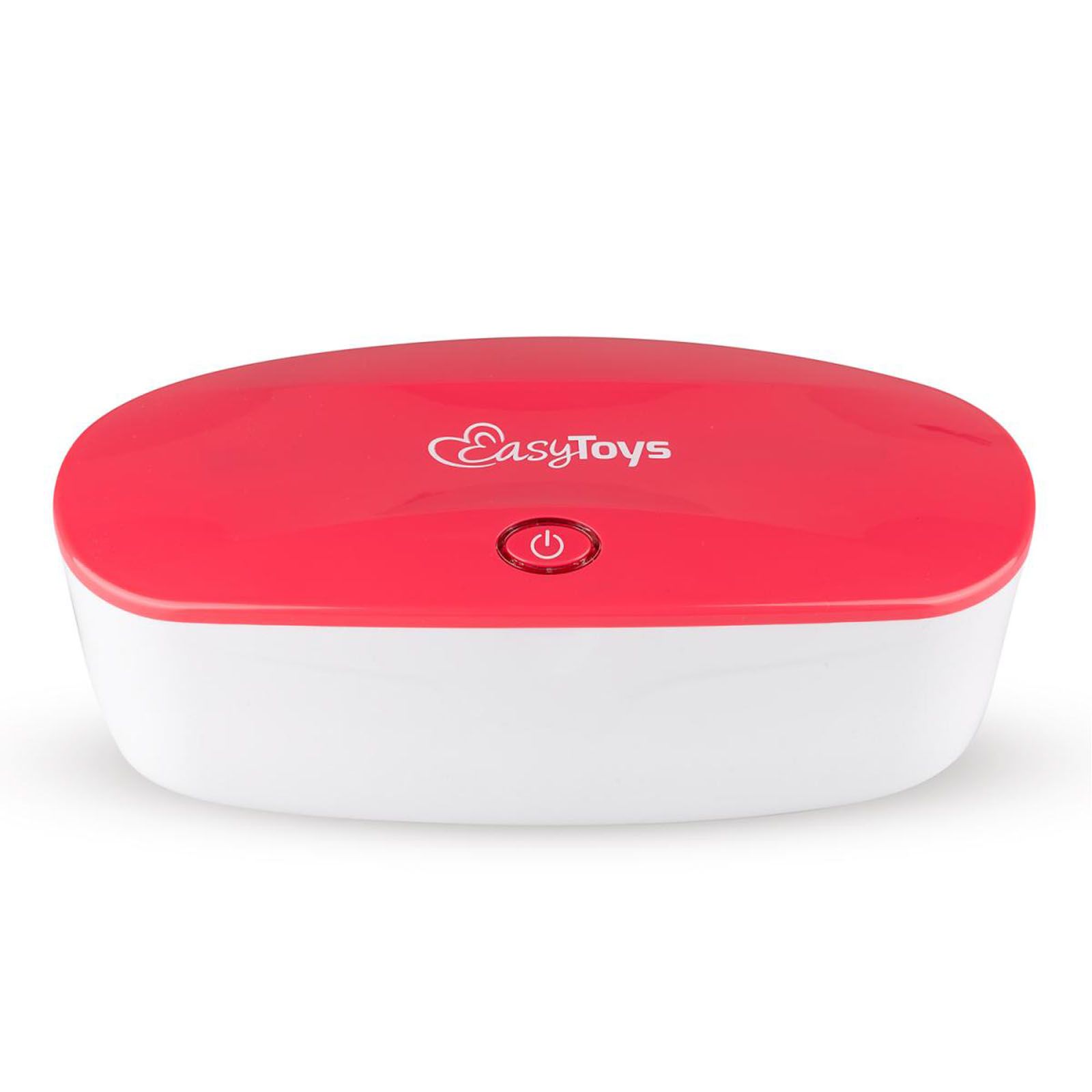 Weiß-rote, ovale Box mit EasyToys-Logo und Ein-/Ausschalter. Deckel rot, Unterteil weiß.