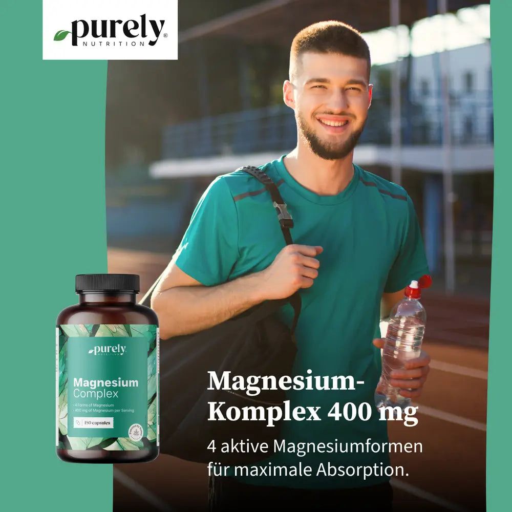 Mann mit Flasche. Flasche: Magnesium Complex. Text: Magnesium-Komplex 400 mg.
