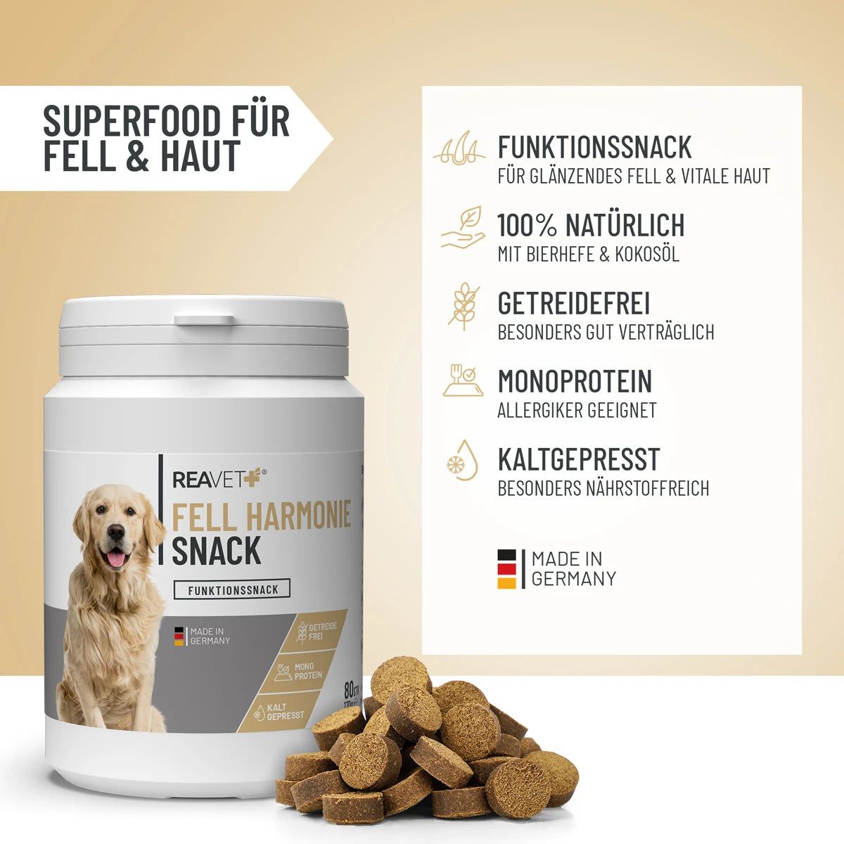 Weiße Dose ReaVET Fell Harmonie Snack mit Hund. Daneben braune, runde Snacks. Text: Superfood für Fell & Haut, 100% natürlich.