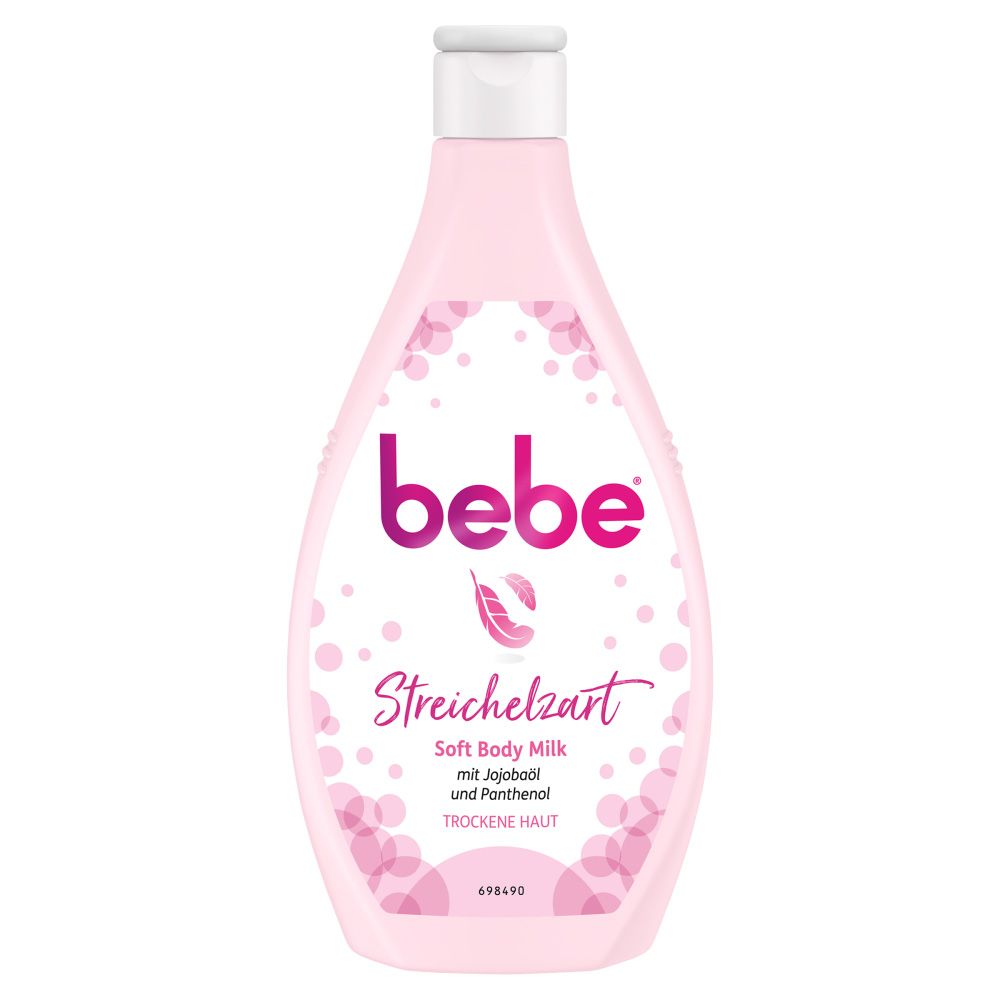 Rosa Flasche mit weißem Deckel. Aufschrift: bebe, Streichelzart, Soft Body Milk. Mit Jojobaöl und Panthenol. Für trockene Haut.