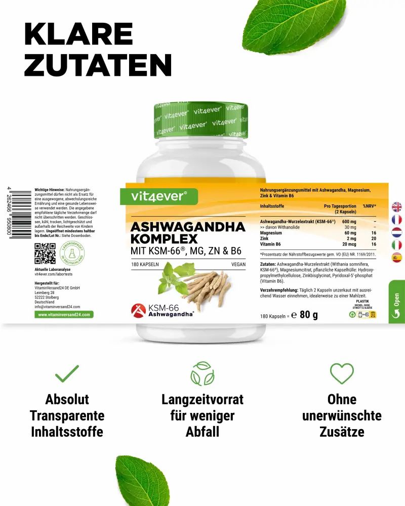 Produktflasche mit Zutatenliste. Aufschrift: Ashwagandha Komplex mit KSM-66, MG, ZN & B6. 180 Kapseln. 80 g.