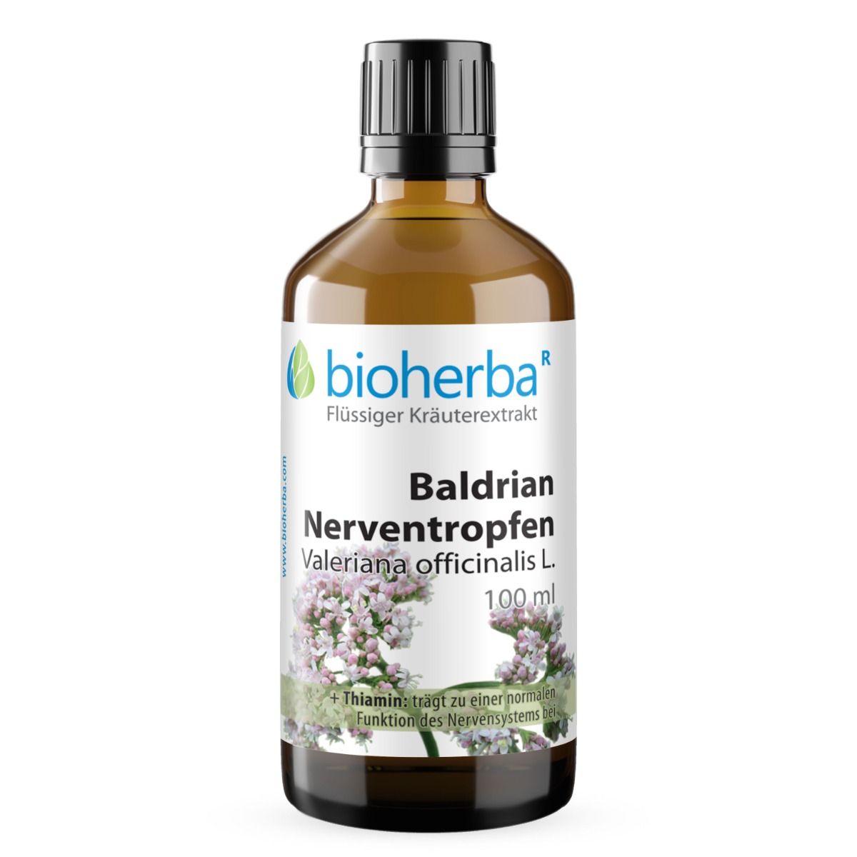 Braune Glasflasche mit schwarzem Deckel. Etikett: Bioherba Baldrian Nerventropfen, Valeriana officinalis L., 100 ml.