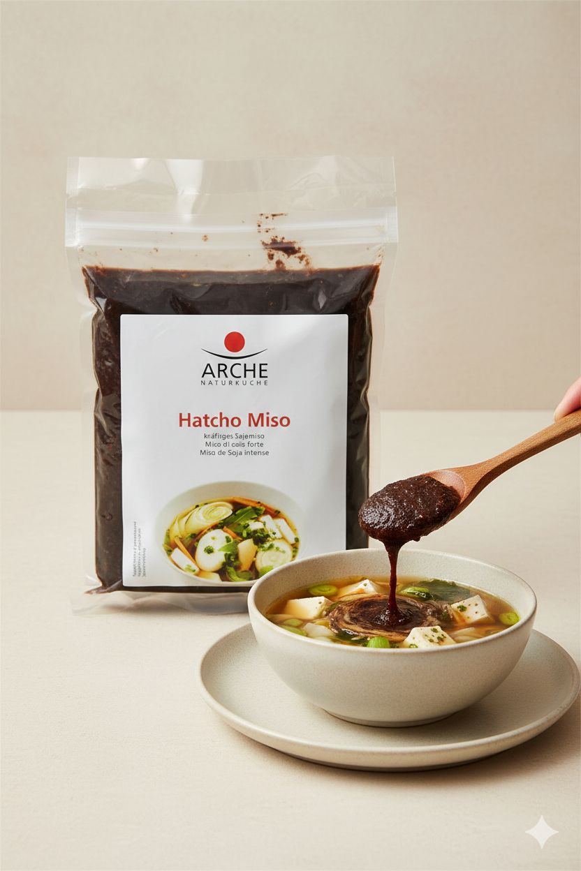 Arche Hatcho Miso Paste wird von einem Holzlöffel in eine Schüssel Miso-Suppe gegeben.
