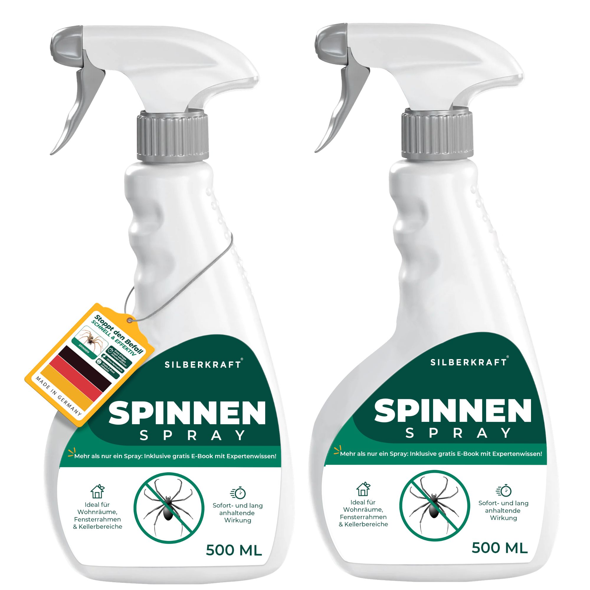 Zwei weiße Sprühflaschen mit silbernen Akzenten, beschriftet mit 'SPINNEN SPRAY'. Eine Flasche hat ein gelbes Etikett mit deutscher Flagge.