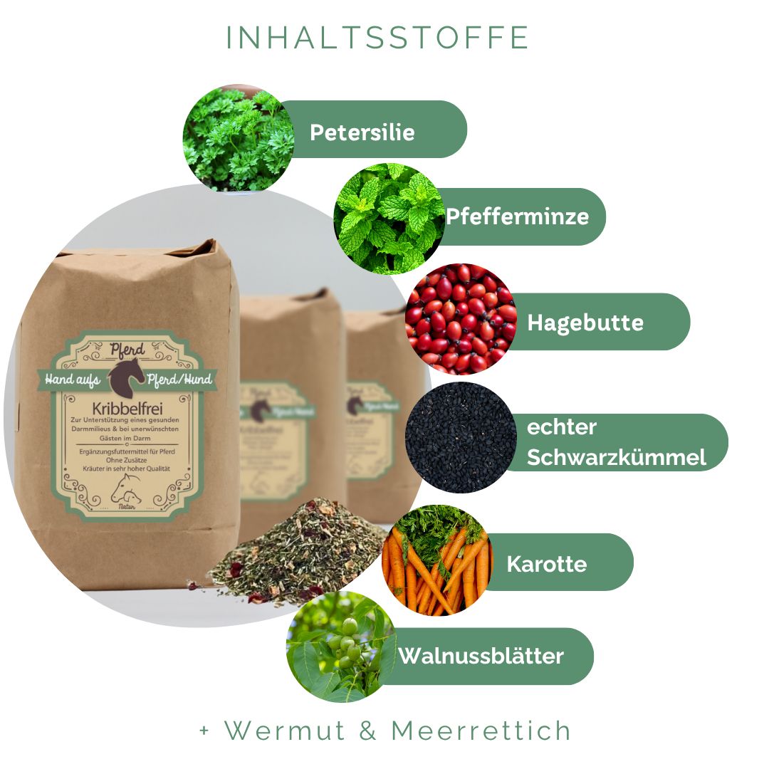 Drei braune Papiertüten mit Produktetikett und Kräutermischung. Zutaten: Petersilie, Pfefferminze, Hagebutte, Schwarzkümmel, Karotte, Walnussblätter.
