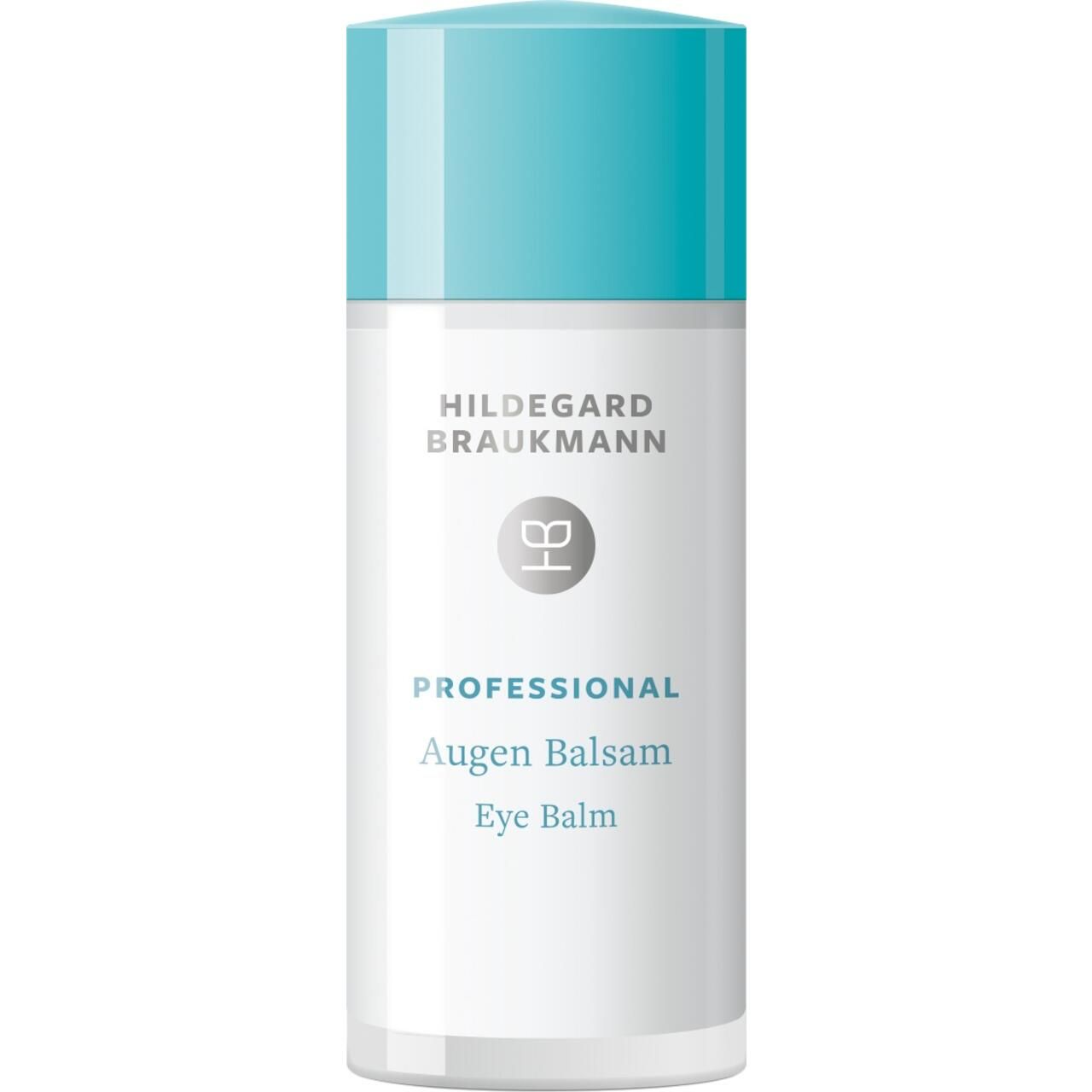 Zylindrische Tube mit blauem Deckel. Aufschrift: Hildegard Braukmann, Professional Augen Balsam, Eye Balm. Logo.