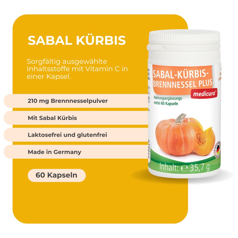 Behälter SABAL-KÜRBIS-BRENNNESSEL PLUS neben gelbem Infokasten mit Details zu Inhaltsstoffen und 60 Kapseln.