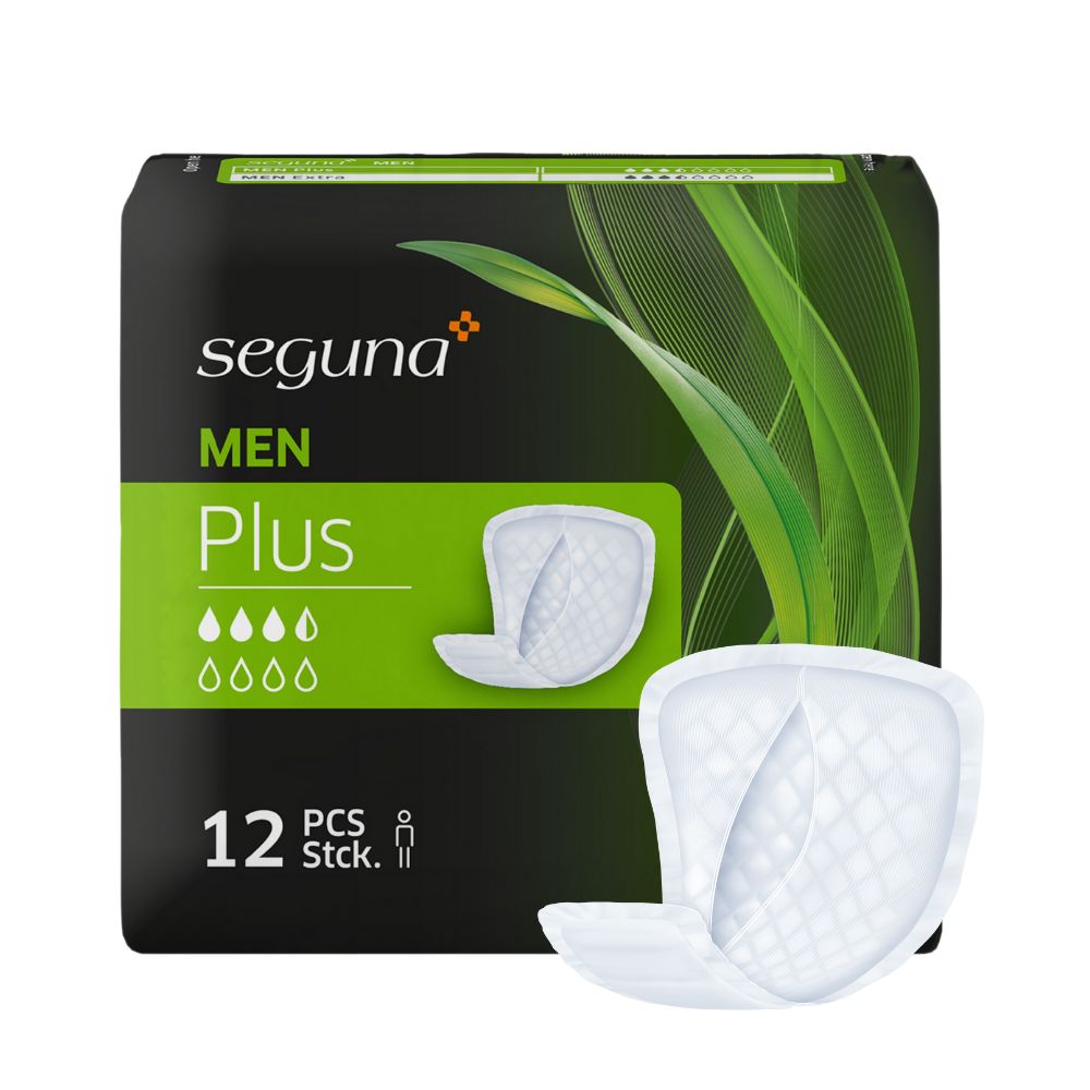 Packung SEGUNA MEN Plus mit 12 Stück. Medizinprodukt-Siegel. Produkt und Verpackung im Vordergrund.